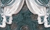 Fotobehang - Vlies Behang - Gordijnen op Turquoise Rozen Achtergrond - 208 x 146 cm