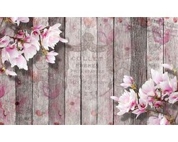 Fotobehang - Vlies Behang - Kersenbloesem op Houten Planken - 208 x 146 cm