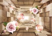 Papier Papier peint photo Intissé - Roses et Boules de Cristal dans un Tunnel en Bois 3D - 254 x 184 cm