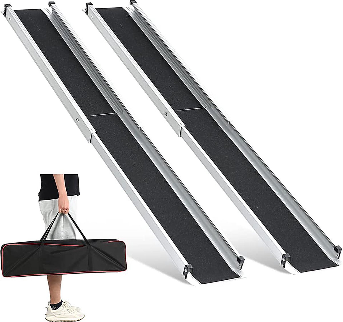 Goedkoopste Oprijplaat Brug - 2 Stuks - Uitschuifbaar - ruim 400Kg - tot max 152cm - Rolstoelhellingen voor trappen - MAX 272 kg per stuk - telescopisch draagbaar met opbergtas - antislip oppervlak Rolstoelhelling voor thuis - trappen (2 stuks