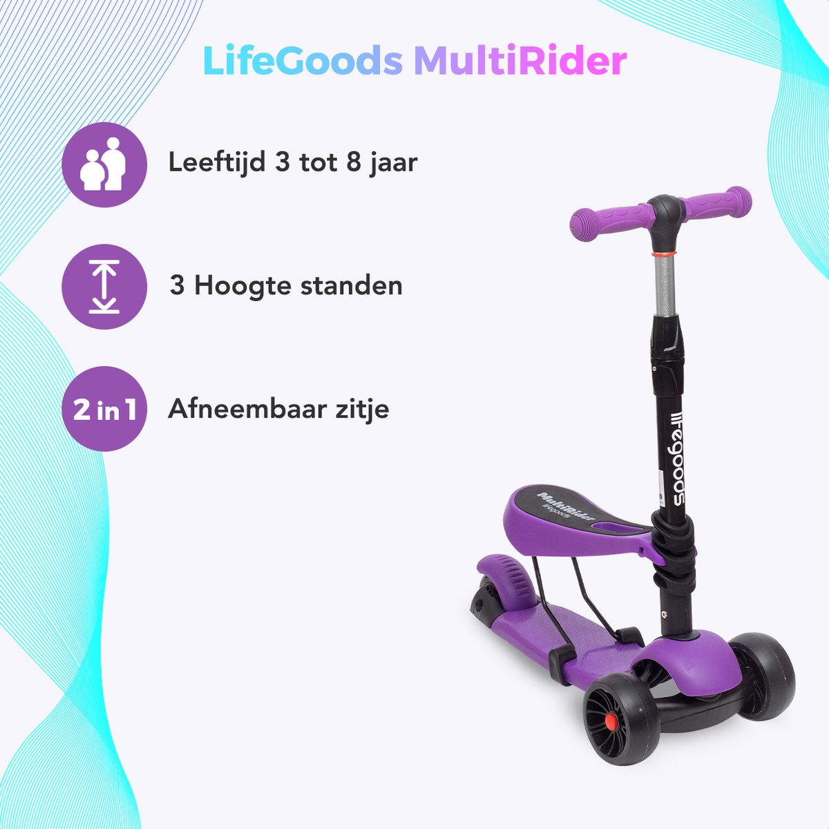 LifeGoods MultiRider Kinderstep - Step 3-8 Jaar - Hoogte Verstelbaar Zitje - Lichtgevende LED Wielen - Jongens/Meisjes - Paars — afbeelding 3