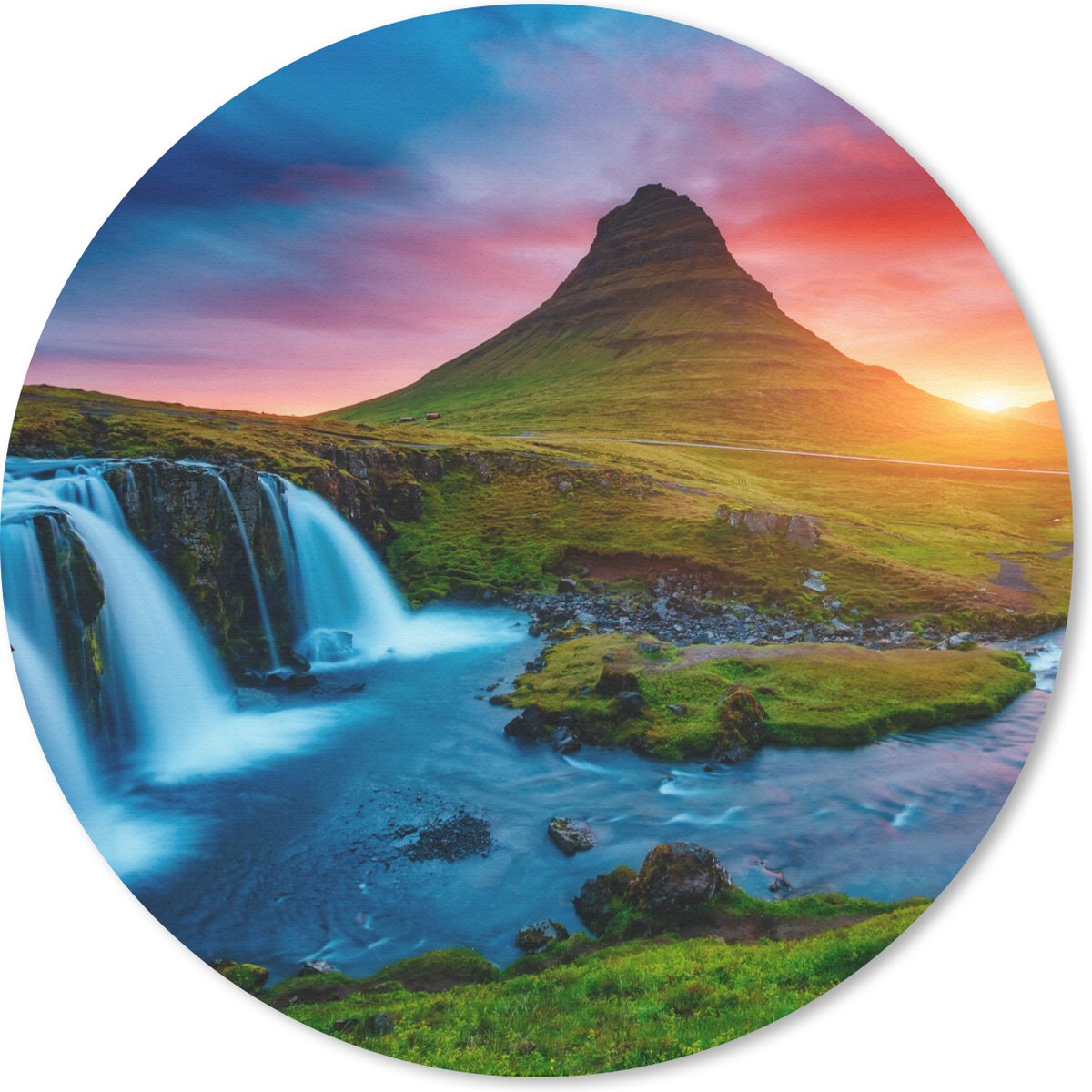 Muismat rond 40x40 cm - Mousepad Waterval - Berg - Mos - Zonsondergang - Natuur - Ronde muismatten