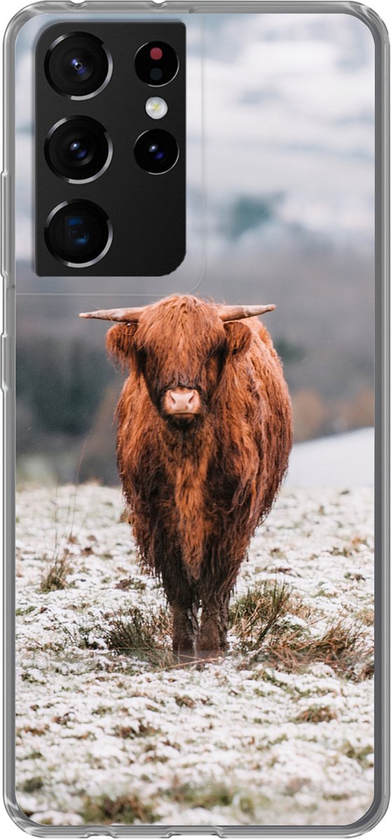 Telefoonhoesje Geschikt voor Samsung Galaxy S21 Ultra hoesje - Schotse Hooglander - Sneeuw - Berg - Siliconen Telefoonhoesje Telefoonhoesje