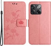 Coverup Bloemen & Vlinders Book Case-- Geschikt voor OnePlus 10T Hoesje - Pink