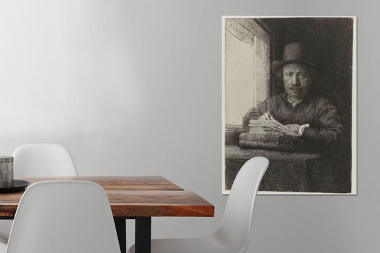 Autoportrait de Rembrandt eau-forte à une fenêtre - Peinture de Rembrandt van Rijn sur toile 60x80 cm - Tirage photo sur toile (Décoration murale salon / chambre)