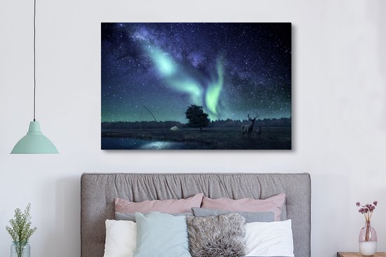 Peintures Toiles Aurores Boréales - Ciel Étoilé - Nuit - Cerf - 180x120 cm - Décoration murale XXL