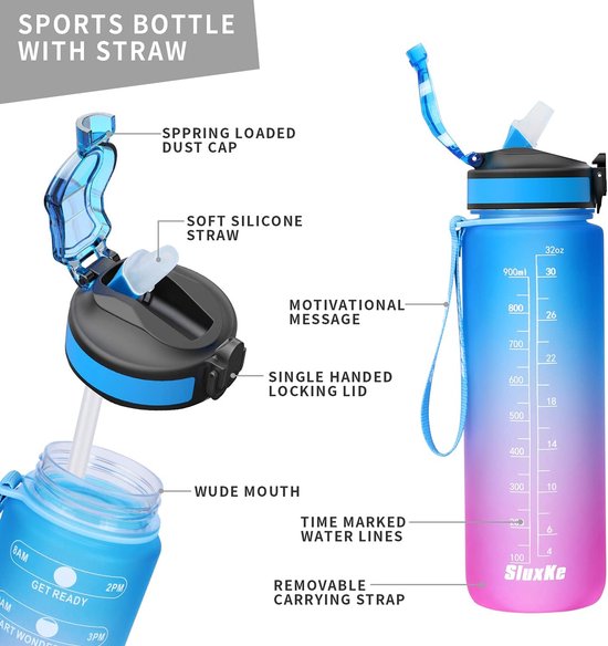 1000 ml 1L Liter Gourde Sport Bouteille d'Eau Water Bottle Gym Fitness Yoga