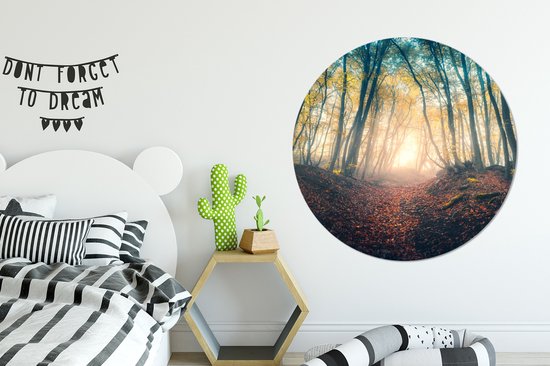 WallCircle - Stickers muraux - Cercle Papier Peint - Forêt - Brouillard - Soleil - Automne - 120x120 cm - Cercle Mural - Auto Adhésif - Sticker Papier Peint Rond XXL