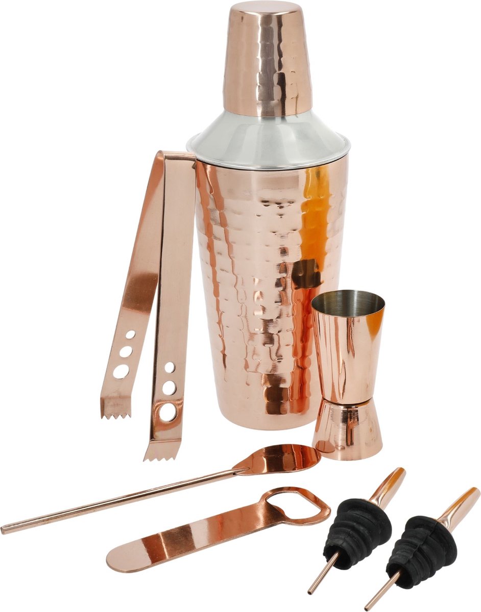 BarCraft 7-delige koperen cocktailset in geschenkverpakking - inclusief cocktailshaker barmaatje (Jigger) tang