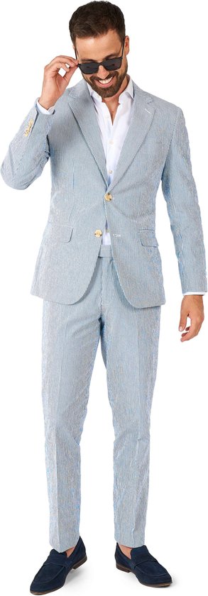 OppoSuits Daily Seer Sucker - Casual Heren Pak - Casual Chic Outfit - Inclusief Pantalon en Blazer - Blauw - Maat: EU 52
