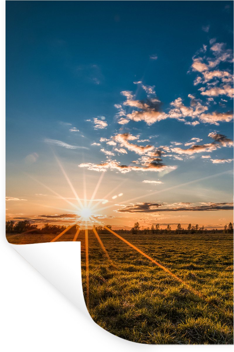 Muurstickers - Sticker Folie - Zonsondergang - Natuur - Wolken - Gras - 40x60 cm - Plakfol