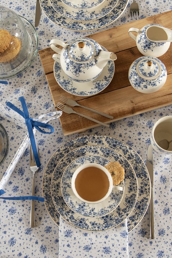 Clayre & Eef Serviettes Coton set de 6 40x40 cm Blanc Bleu Coton Roses