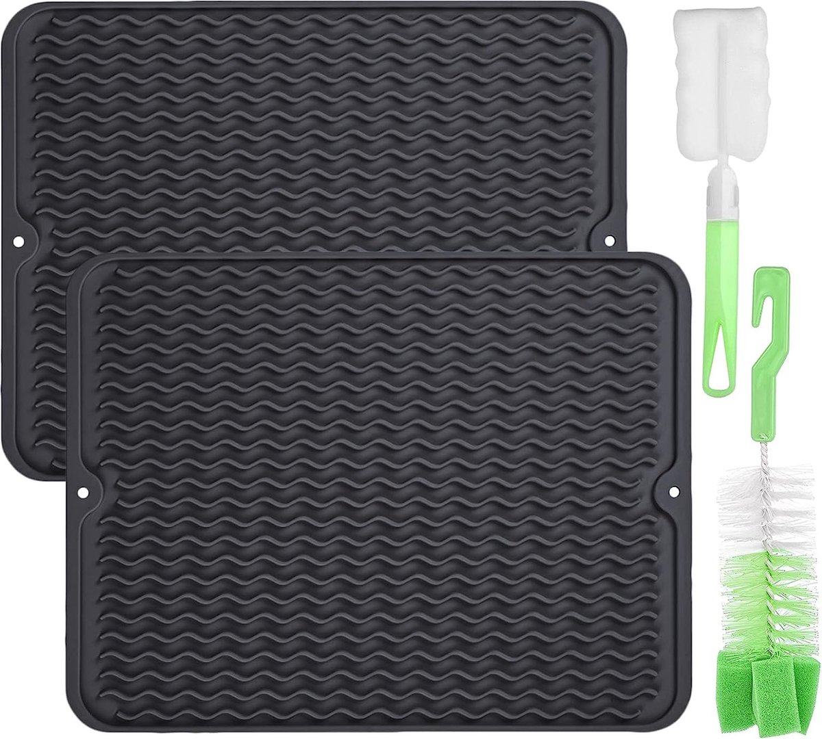 Goedkoopste 2 stuks afdruipmatten van silicone, 40 cm x 30 cm, afdruipmat, servies, antislip, hittebestendige, siliconen mat, droogmat, afdruipmat voor keuken, servies en glazen, met 2 reinigingsborstels, zwart