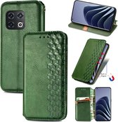 Luxe PU Lederen Ruitpatroon Wallet Case + PMMA Screenprotector voor OnePlus 10 Pro _ Groen