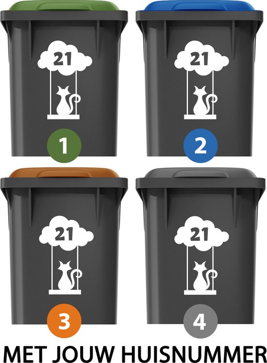 Container stickers XL - Voordeelset 4 stuks - 19x27 cm - Container / Kliko sticker huisnummer - afvalcontainer sticker - klikosticker - Kat met wolk