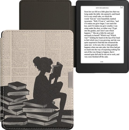 kwmobile e-reader hoesje geschikt voor Kobo Aura Edition 2 hoes - E reader flip case met magnetische sluiting - Ereader cover - Meisje met boeken design in zwart / beige van Merkloos — afbeelding 4