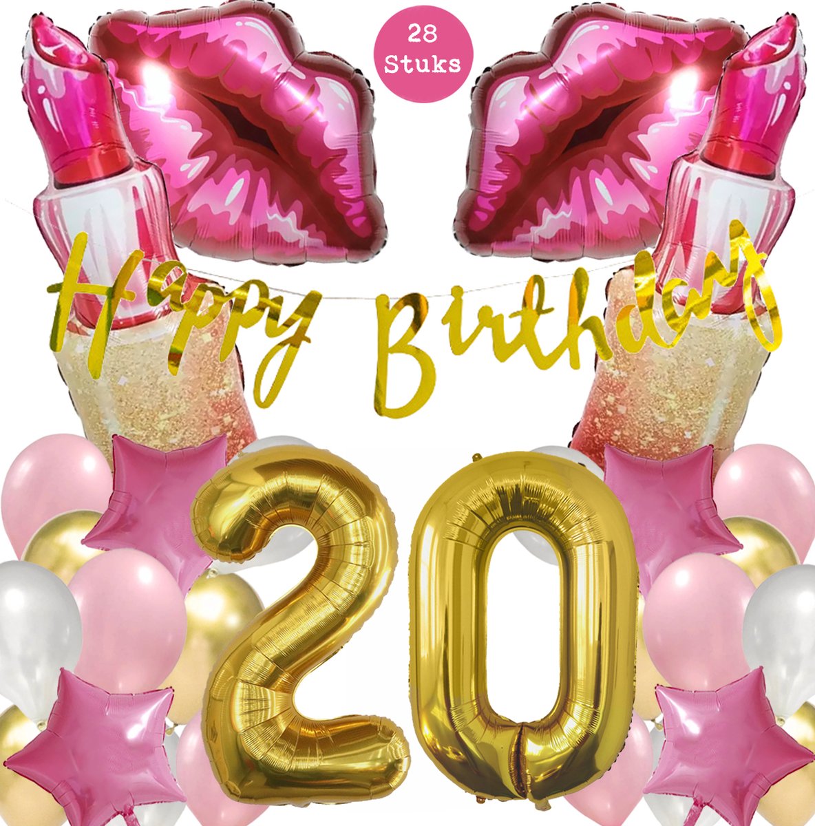 Snoes Mega Beauty Helium Ballonnen Set 20 Jaar - Roze Helium Folieballonnen - Slinger Happy Birthday Goud