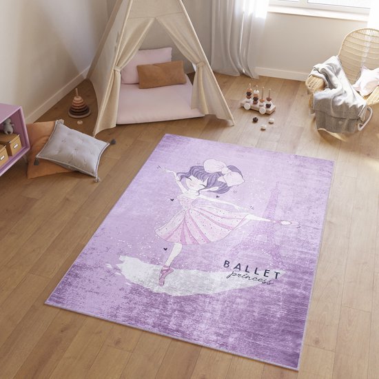 Tapiso Emma Vloerkleed Kinderkamer Ballerina Paars Speelmat- 140x200