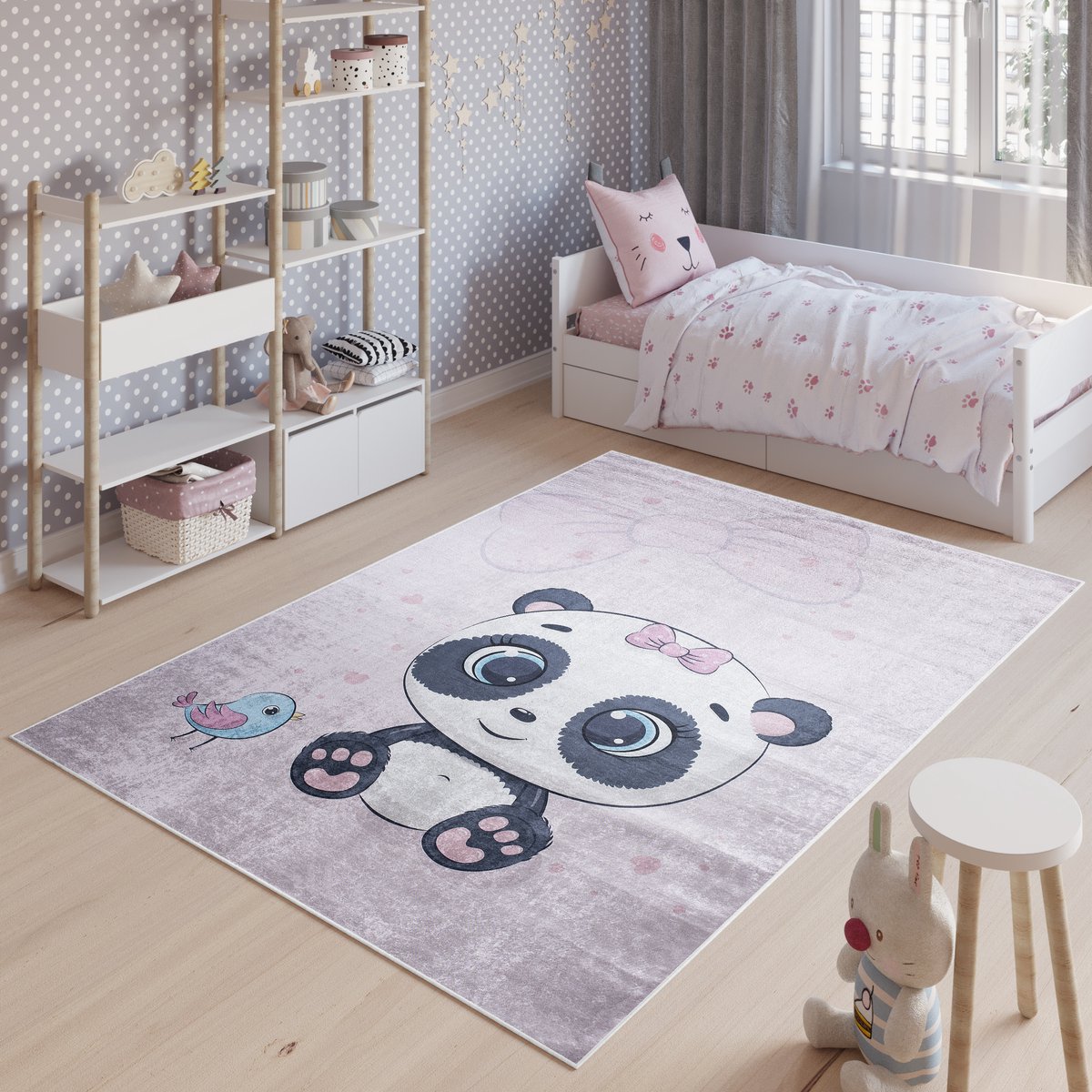Tapiso Emma Vloerkleed Kinderkamer Babykamer Panda Kinderen Speelmat- 120x170 Grijs