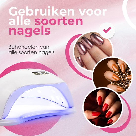 Witte UV nagellamp. Voorbeelden van gelakte nagels in verschillende kleuren: roségoud, oranje, rood.