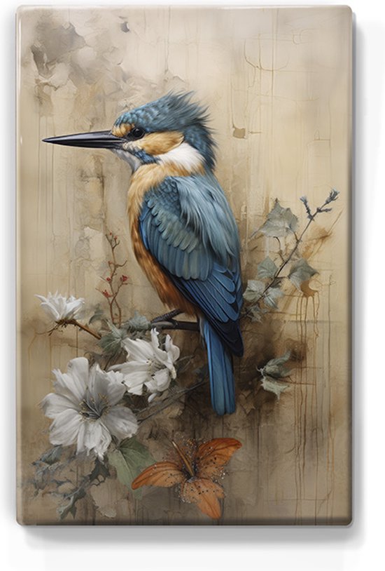 Martin-pêcheur sur une branche fleurie - Impression laquée - 19,5 x 30 cm - Indiscernable d'une véritable peinture sur bois peinte à la main - Plus belle qu'une impression sur toile. -LP327