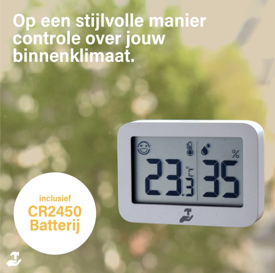 Witte digitale thermometer en hygrometer met LCD-scherm, bevestigd aan een raam, toont 23.3°C en 35% luchtvochtigheid. Inclusief CR2450 batterij.