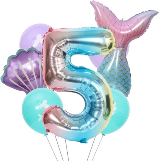 Mermaid Verjaardag Ballonnen - Verjaardag: 5 Jaar - 7st Ballonnen - Thema Feest Mermaid - Zeemeermin Kinderfeestje - Zeemeermin Verjaardag Decoratie