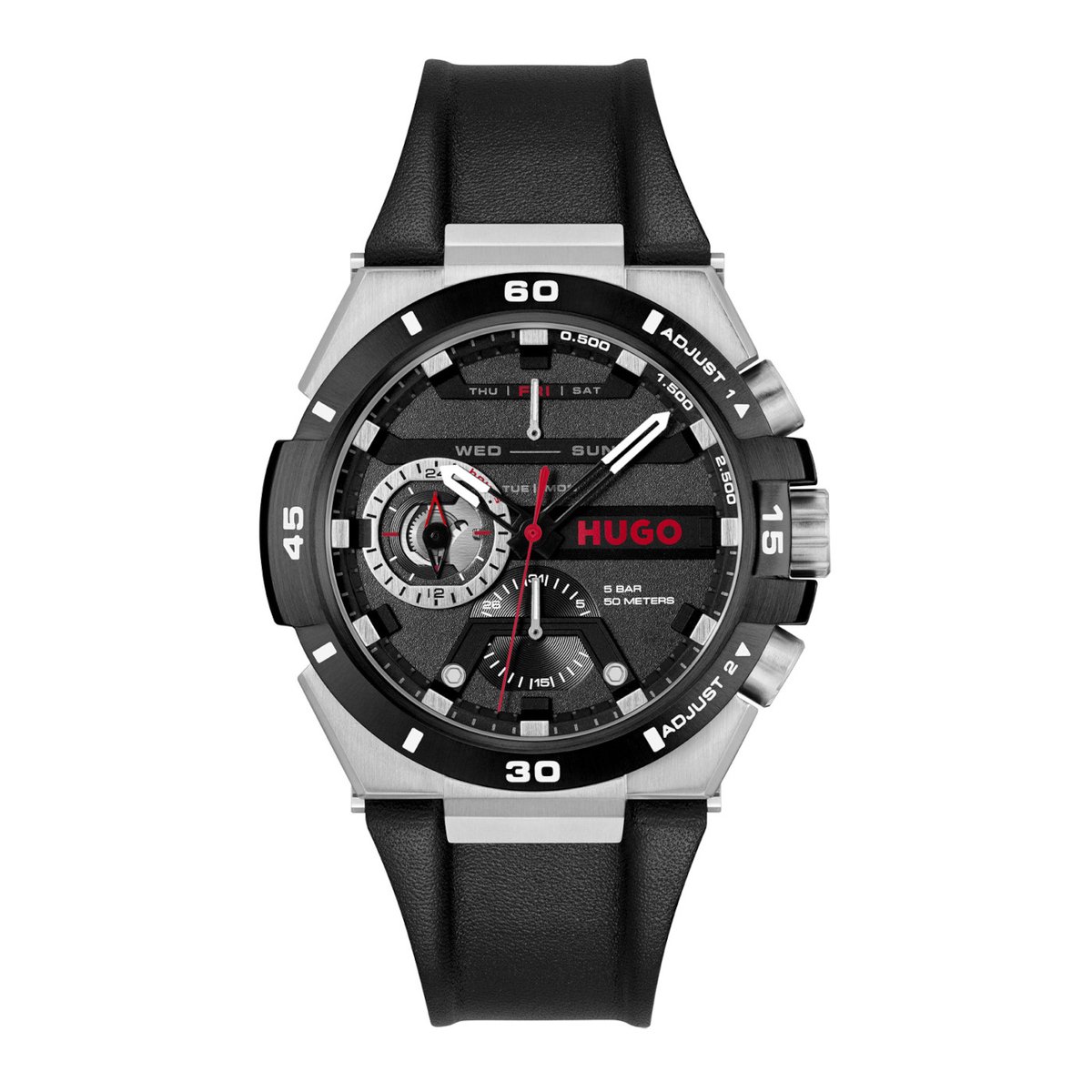 HUGO HU1530336 #WILD Heren Horloge - Mineraalglas - Staal-Leer - Zilverkleurig-Zwart - 46 mm breed - Quartz - Gesp - 5 ATM (douchen)