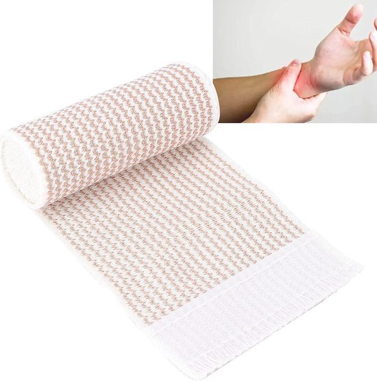 Opgerolde beige en witte elastische bandage, met inset van een persoon die polspijn heeft.