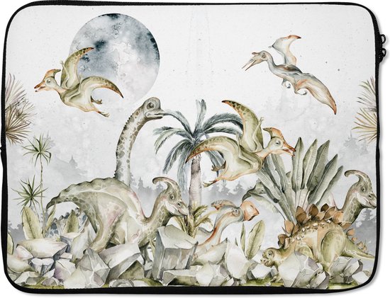Laptophoes 17 inch - Dinosaurus - Kinderen - Jungle - Groen - Dieren - Natuur - Laptop sleeve - Binnenmaat 41x28 cm - Zwarte achterkant