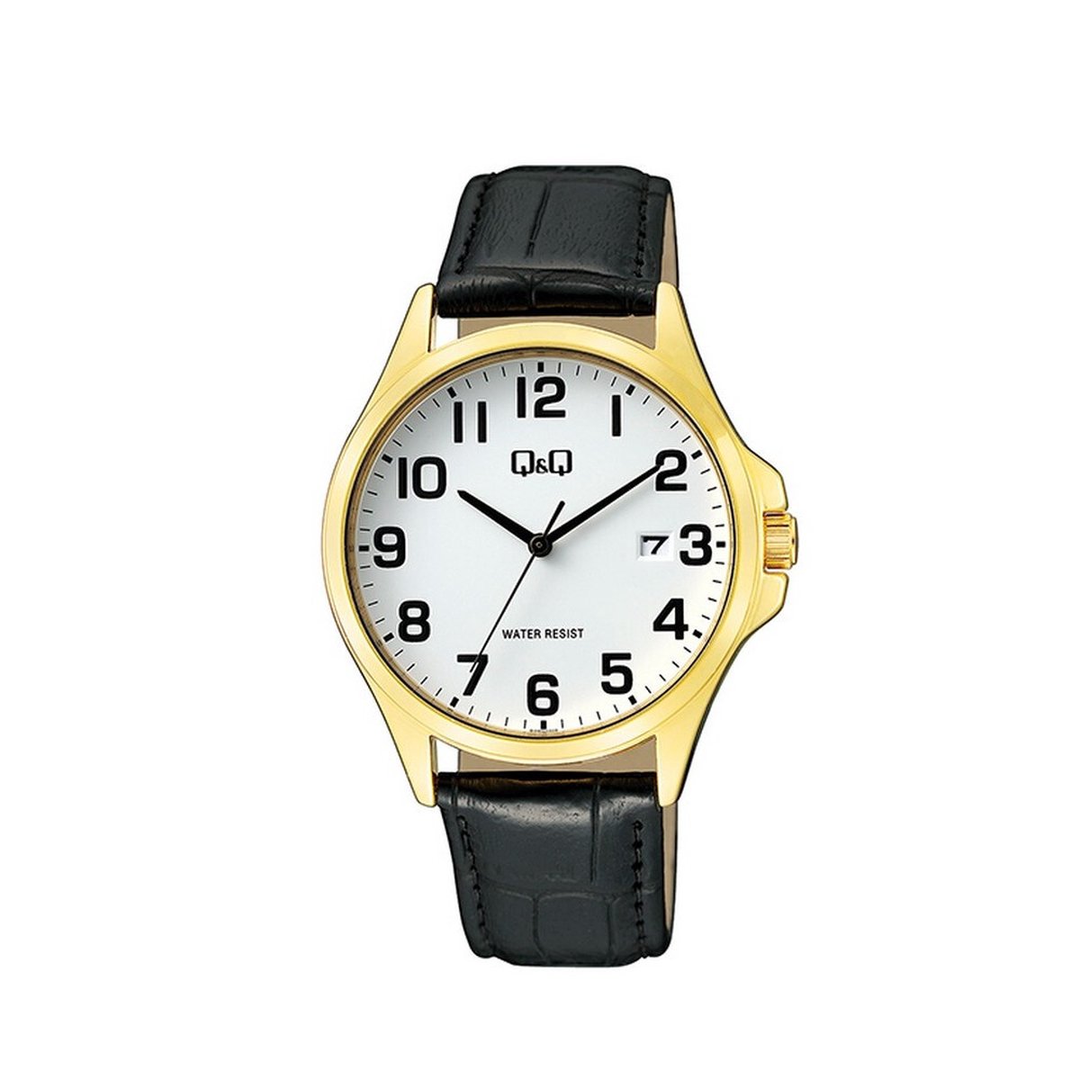 QQ A480J104Y - Horloge - Analoog - Mannen - Heren - leren band - Rond - Staal - Cijfers - Datumaanduiding - Zwart - Goudkleurig - Wit
