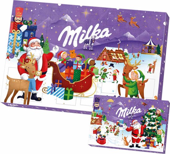 Milka adventskalender met Kerstman, rendieren, elfen en kersttaferelen.