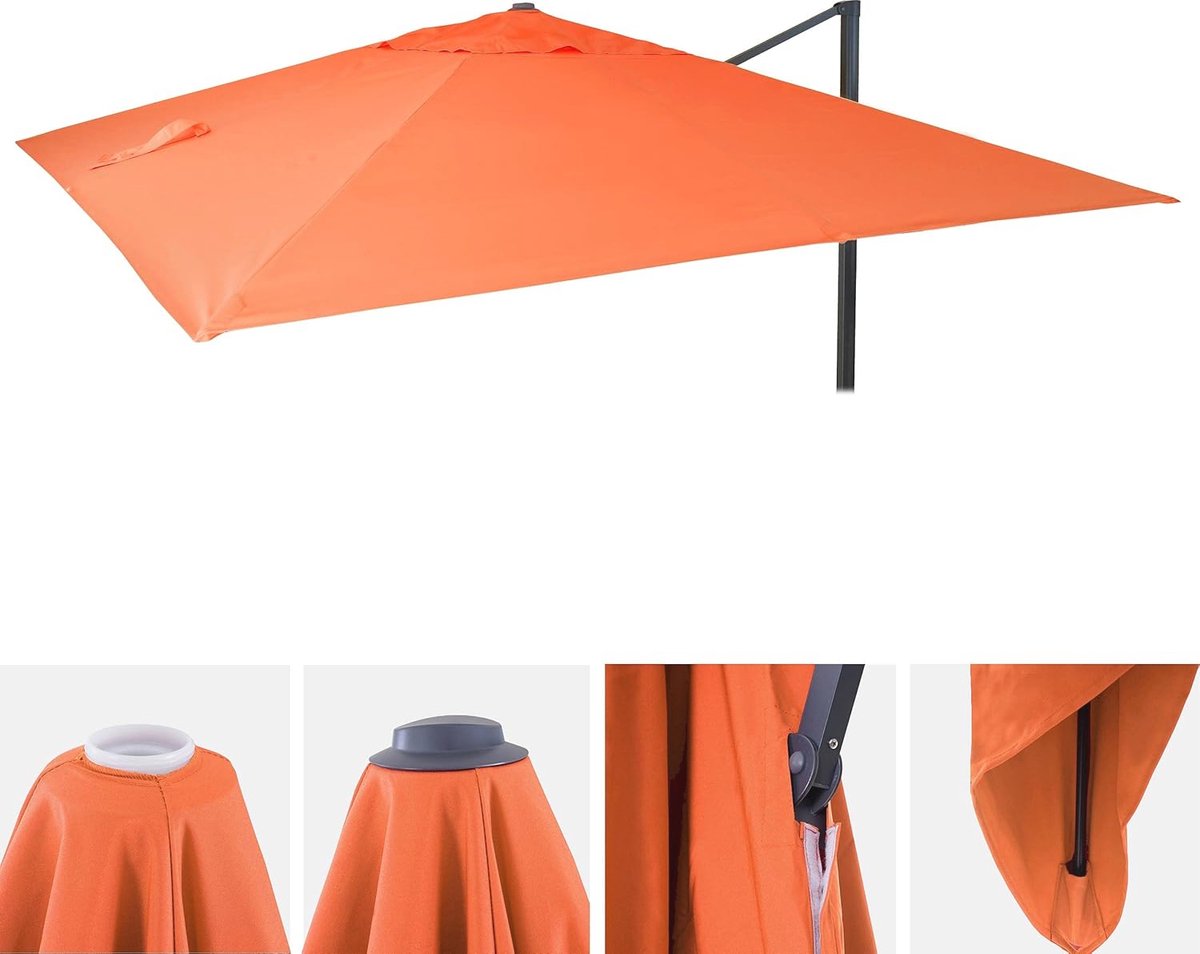 Terracotta vervangende hoes voor luxe zweefparasol - 3x4m (Ø5m) polyester 220g/m² - detail van de hoes in terracotta kleur.
