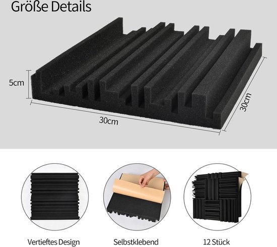 Foneso Geluidsabsorberende panelen, 30 x 30 x 5 cm (dichtheid: 25 kg/m³), geluidsabsorberende schuim, 3D-geluidsabsorberende wand van hoge dichtheid, voor opnamestudio's en kantoren (36 stuks, zwart