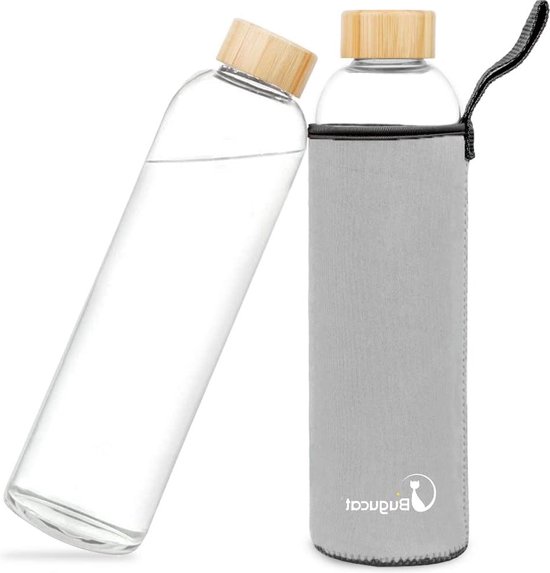 Borosilicaat glazen waterfles met bamboedeksel, 1,5 l, 1500 ml, met milieuvriendelijke zwarte neopreen hoes, Save the planet fill me up, recyclebaar, herbruikbaar, niet giftig, BPA-vrij