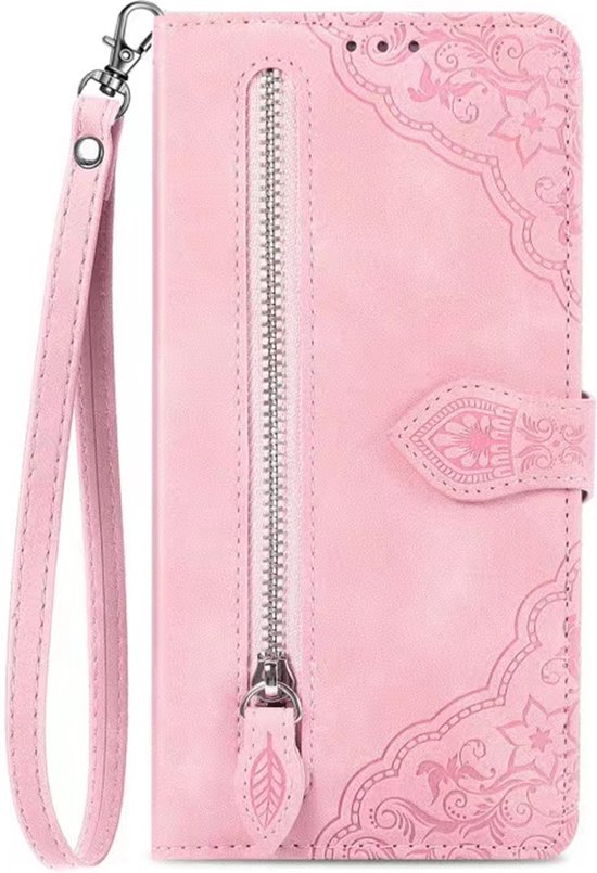 Coque adaptée pour iPhone 16 - Bookcase - Cordon - Porte-cartes - Portefeuille - Motif fleurs - Simili cuir - Rose