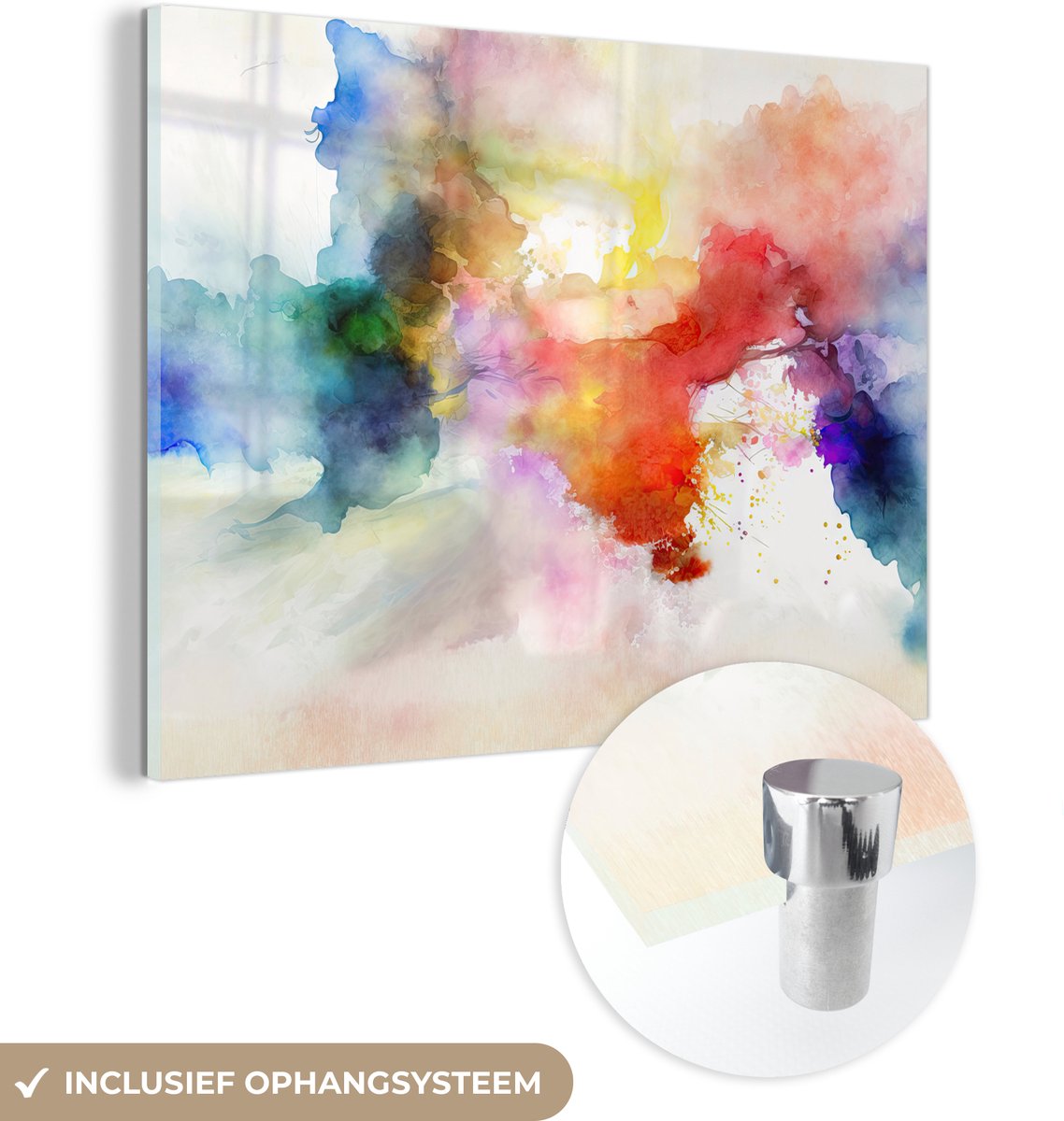 MuchoWow® Glasschilderij 120x90 cm - Schilderij acrylglas - Waterverf - Regenboog - Abstract - Kunst - Kleuren - Foto op glas - Muurdecoratie woonkamer - Wanddecoratie slaapkamer - Schilderijen