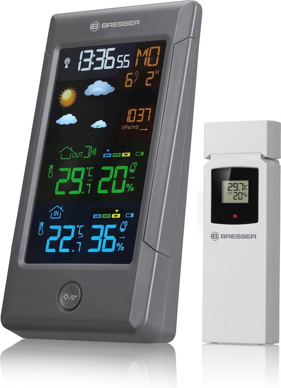 Draadloos weerstation met buitensensor, digitaal kleurendisplay, DCF-klok, binnen en buiten, thermometer, hygrometer, draadloos weerstation met weersvoorspelling, barometer en maanfase, voeding, zwart