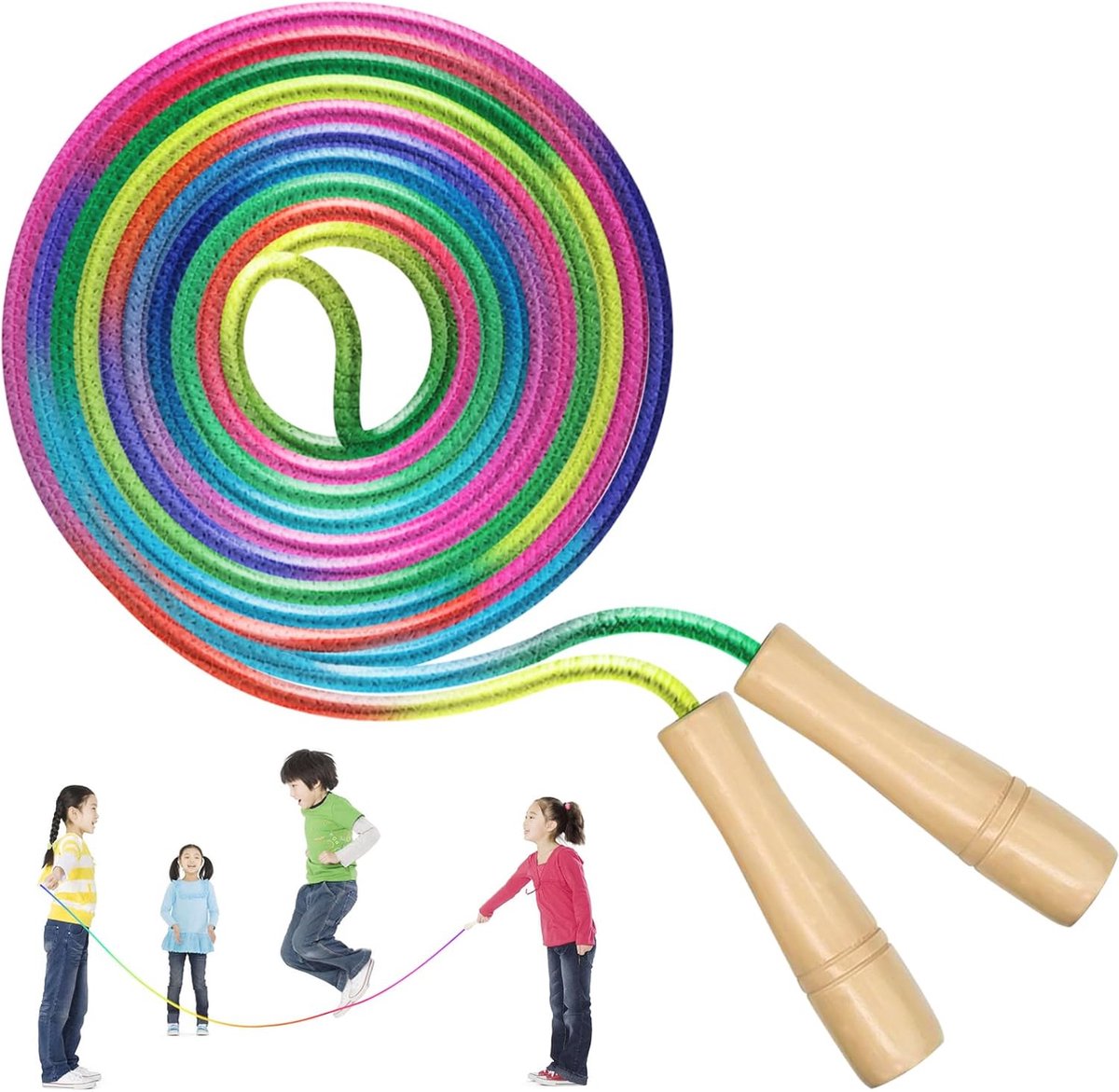Verstelbaar 5 m Springtouw voor Kinderen - Regenboog Touwspringtouw voor Binnen en Buiten Activiteiten