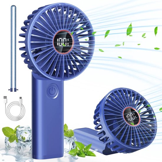 CNMTCCO Draagbare Ventilator – Oplaadbaar, 6 Snelheden, Opvouwbaar, Met LED-display – Blauw