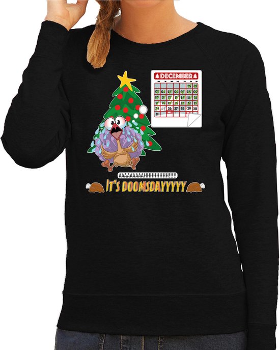 Bellatio Decorations Foute Kersttrui/sweater voor dames -doomsday - zwart - kalkoen - kerstfeest M