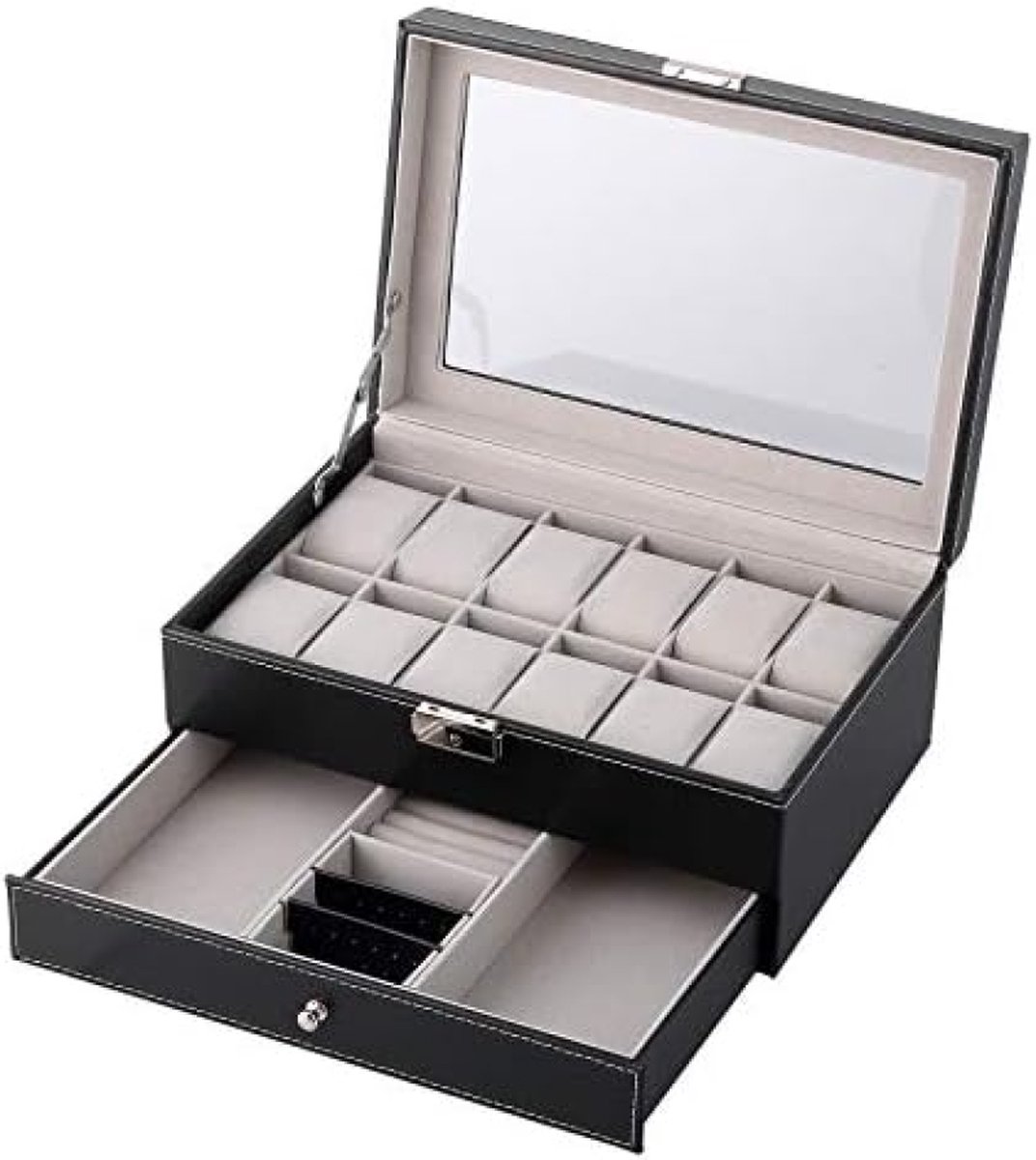 Horlogedoos voor heren en dames, 12 horloges met lade en sleutels, kerstcadeau