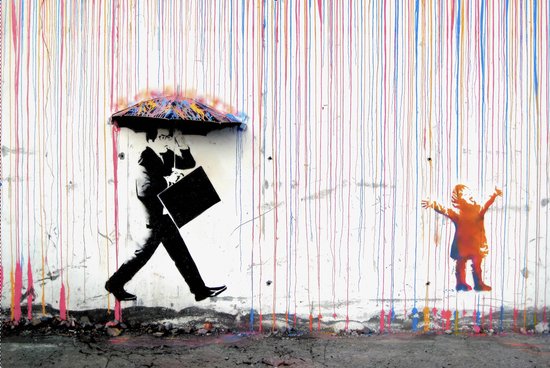 Banksy Rainbow Rain - Plexiglas de qualité galerie cristallin 5 mm. - Cadre suspendu en aluminium aveugle - Décoration murale de Luxe - Art photo - emballé professionnellement et livré gratuitement