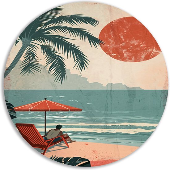 strand rond schilderij - Persoon rond schilderij - Wandcirkel Mens - Vintage schilderij - Aluminium - Muurkunst muurcirkel aluminium 80x80 cm