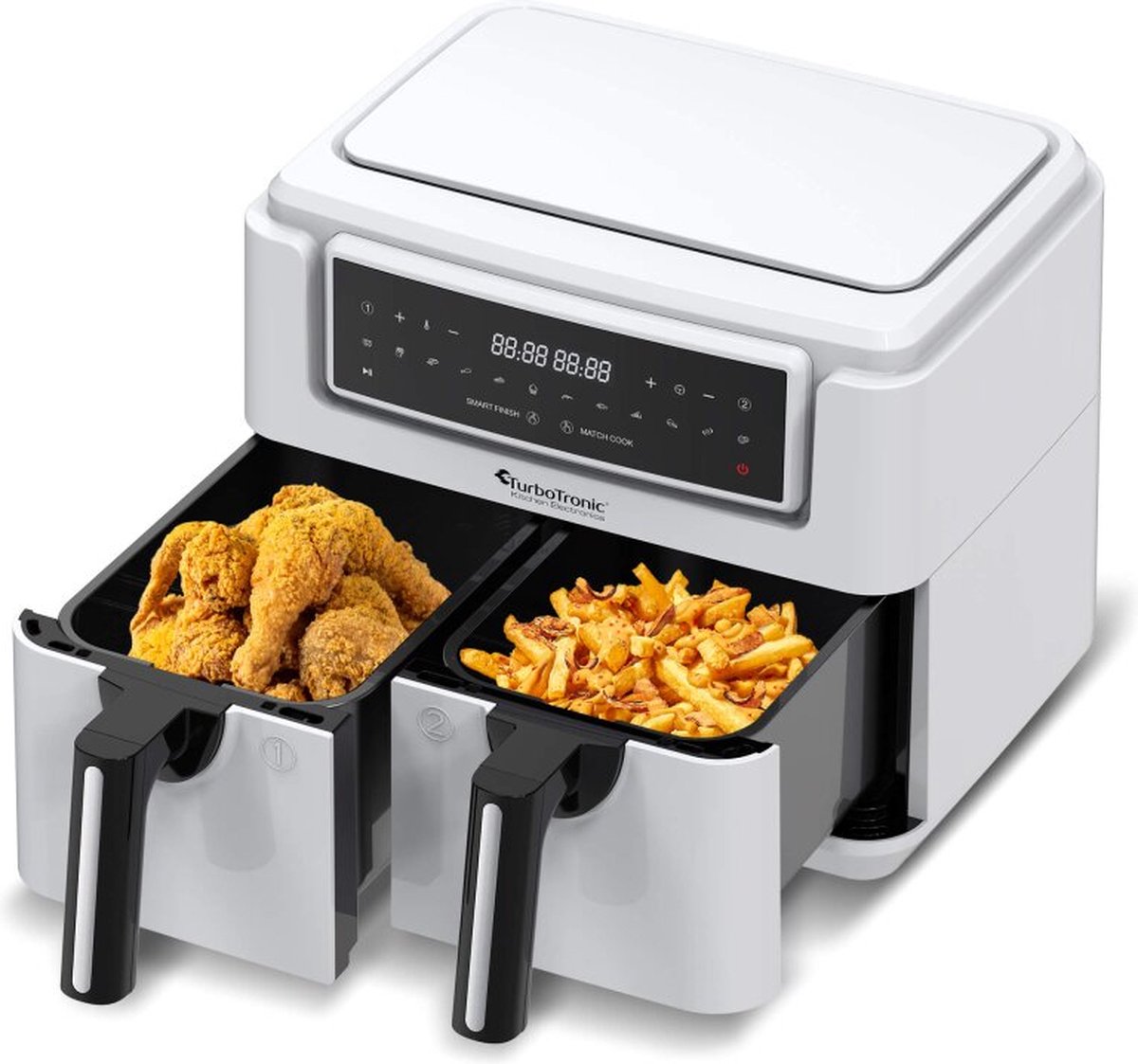 TurboTronic AF118 Dubbele Airfryer XXL - Digitale Heteluchtfriteuse - Dubbele mand - 7,6 Liter - 2x 3,8L - 12 programma's - Touchscreen - Wit thumbnail 4