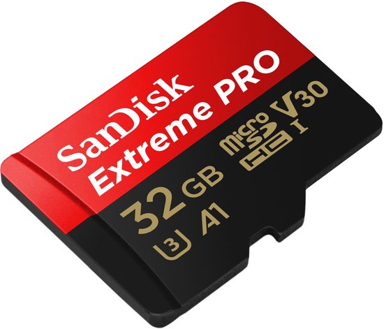 SanDisk Extreme PRO 32GB microSDHC kaart in rood en zwart.