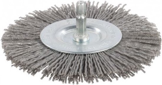 Grijze ronde staalborstel met metalen schijf en schacht.