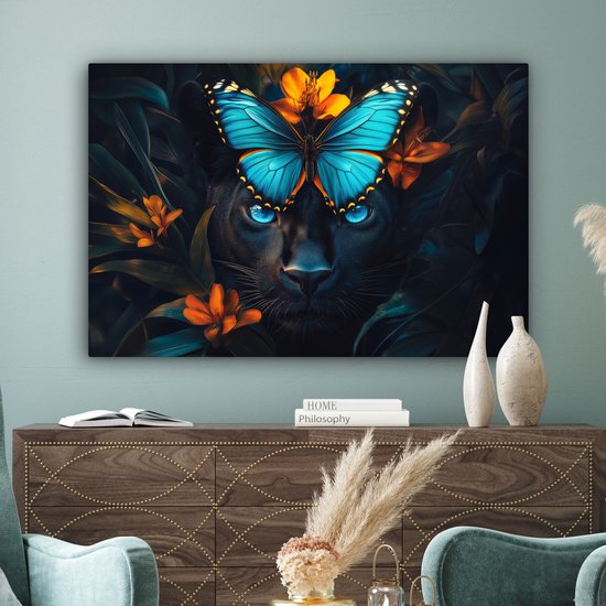 Peinture sur toile 120x80 cm - Décoration murale Panthère - Papillon - Blauw - Fleurs - Nature - Décoration murale murale salon - Décoration chambre - Accessoires de chambre - Peintures