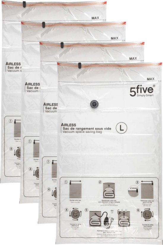 5Five Sacs sous vide pour vêtements/textiles - Sacs de rangement sous vide - 4x pièces - transparent - 70 x 120 cm - Également pour oreillers et couvertures