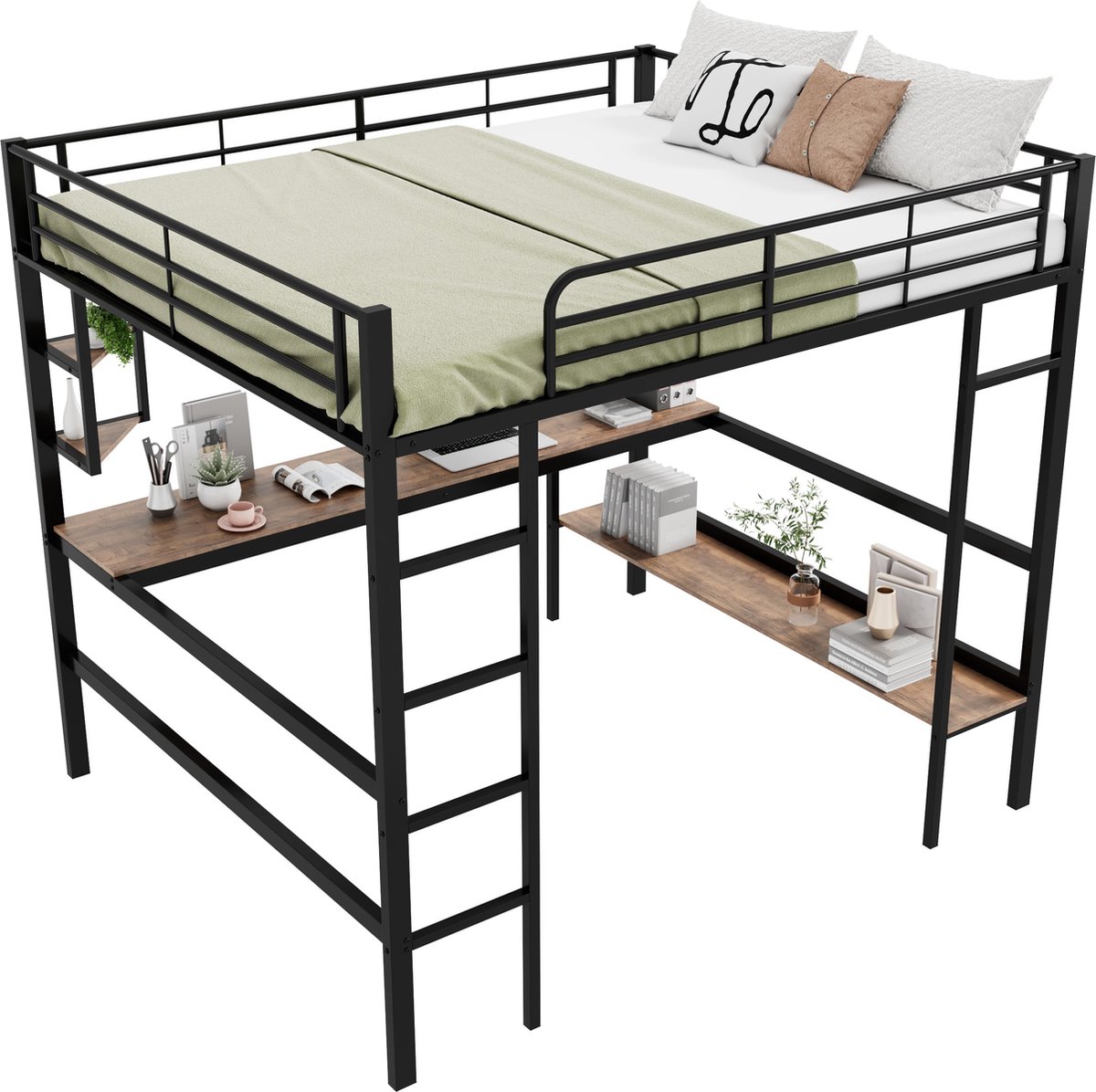 Merax Hochbett, 140x200cm Bettgestell Metallbett, Eisenbett mit Schreibtisch, Ohne Matratze, Hochbett mit vier kleinen Regalen und einem großen Bücherregal für Kinder, Jugendliche und Erwachsene, schwarz